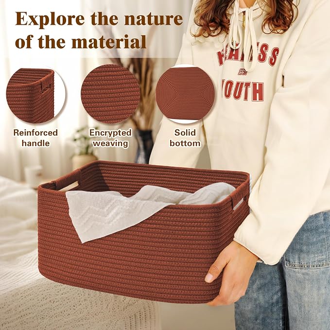 4 Pack Large Storage Basket for Organizing, 17.5"x13"x7" Woven Basket for Shelves, Closet Cube Storage Bins with Wrapped Handle, Cotton Rope Baskets for Kitchen, Clothes, Toys(Oxide Red) - Image 3