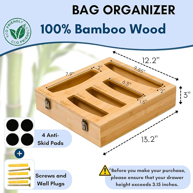 Storage Bag Holder, Baggie Organizer for Drawer or Wall Mount, Compatible with Gallon, Quart, Sandwich, Snack Size Bags, 1 Box 5 Slots, Bamboo Drawer Organizer, Baggie Holder - Image 3