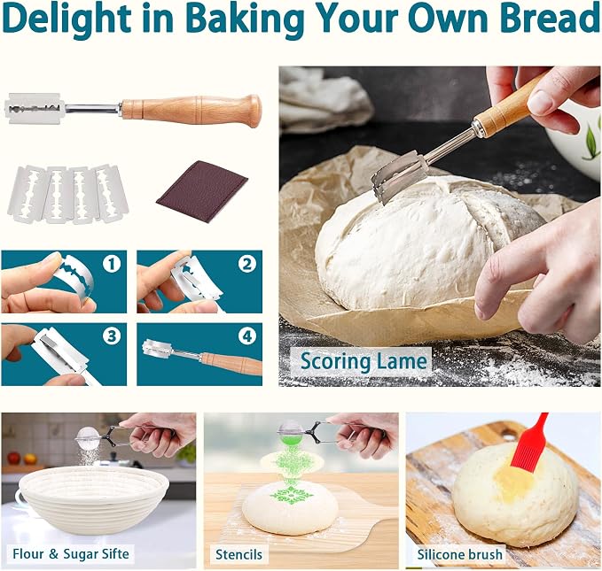 Aliggbent 28Pcs Sourdough Starter Kit, Rattan Banneton Proofing Baskets Set | Sourdough Bread Baking Supplies Set Rattan Banneton Baskets Liners Lame Danish Whisk Sling Scraper 28 Pcs Dough Tools - Image 6