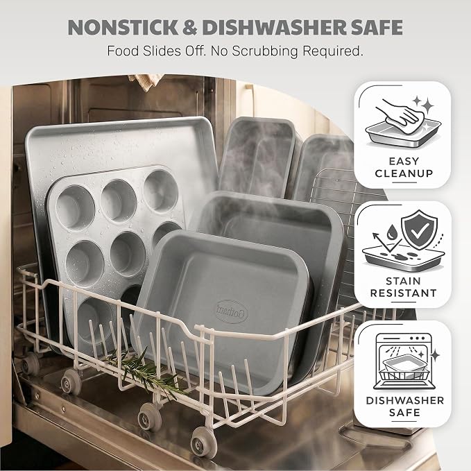 Gotham Steel 6 Pc Stackable Baking Pans Set, 70% Space Saving Design, Ceramic Bakeware Sets Non Toxic Made Without PFOA PFOS, with Cookie Sheet Tray, Cake & Muffin Pans, Oven & Dishwasher Safe - Image 6