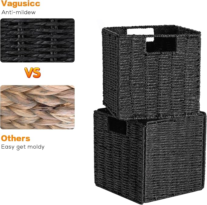 Wicker Baskets for Storage, Set of 4 Hand-Woven Storage Baskets for Shelves, Foldable Cube Storage Baskets Bins with Handles, Small Wicker Baskets for Organizing Pantry Bedroom, Black - Image 8