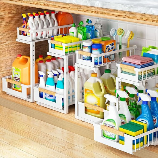 Under Sink Organizer, 2 Tier Pull Out Cabinet Organizer with 5 Adjustable Heights, Metal Under Sink Storage with Sliding Drawers for Kitchen, Bathroom, Pantry and Laundry Room, 4-Pack White by GUUKAR