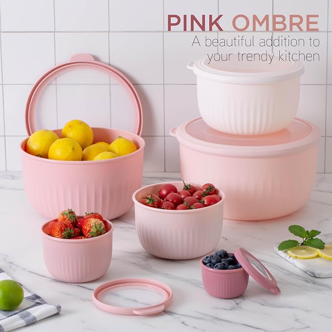 COOK WITH COLOR Prep Bowls with Lids- Wide and Deep Nesting Plastic Small Mixing Bowl Set with Lids, 12 Piece Set - Deep Bowls, Pink - Image 7
