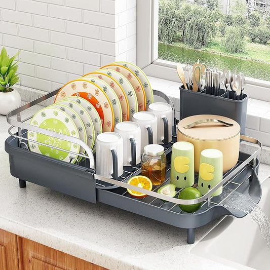 SAYZH Expandable Dish Drying Rack for Small Kitchen Counter, Grey | Stainless Steel, Protective Guardrail, Angled Drainboard, Fits High-Rim Sinks, Removable Utensil Holder by SAYZH