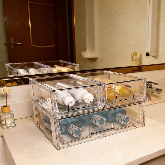 Small Stackable Clear Acrylic Storage Drawers(2 Pack) with Handles,Plastic Organizer Bins for Fridge Bathroom Kitchen Cabinet Pantry Coffee bar Undersink Office Closet Storage Bins - Image 2