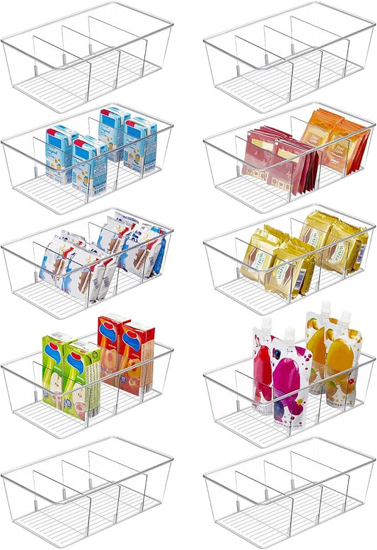 Vtopmart 10 Pack Food Storage Organizer Bins, Clear Plastic, 4 Compartments | For Pantry, Kitchen, Fridge and Cabinet Organization, Organize Food Packets, Snacks, Pouches and Spice Packets by Vtopmart