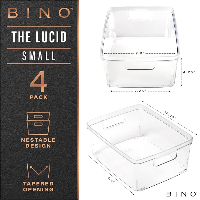 BINO Plastic Storage Containers, Small - 4 Pack THE LUCID COLLECTION, Multi-Use Organizer Bins Built-In Handles BPA-Free Clear, Fridge, Pantry & Home Organization - Image 2