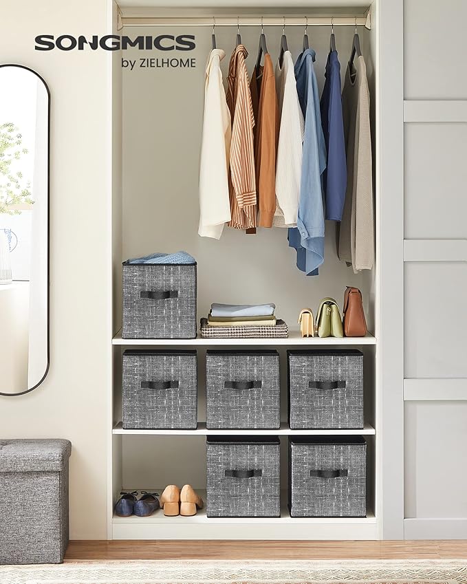 SONGMICS Storage Cubes, 11-Inch Non-Woven Fabric Bins with Double Handles, Set of 6, Closet Organizers for Shelves, Foldable, for Clothes, Classic Black UROB026B01 - Image 2