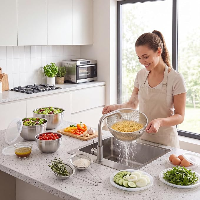 Geetery 7 Pcs Stainless Steel Kitchen Accessories Set 3 Nesting Mixing Bowls with Lid(1.5/3/5qt), 1 Colander with Handle(5qt), 3 Fine Mesh Strainers(8/14/20cm) for Cooking, Baking, Prepping, Draining - Image 4