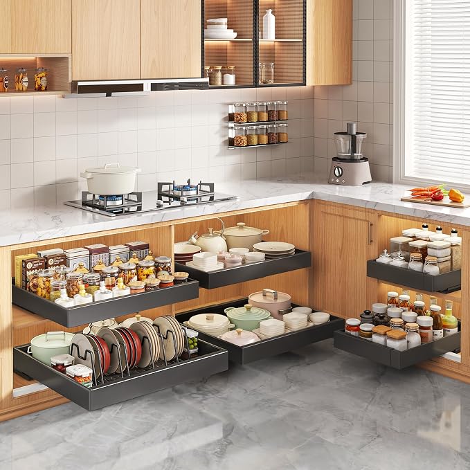 Seinloes 6 Pack Pull Out Cabinet Organizers 21" Deep With Raising Pad for Framed Cabinets, Expandable Slide Out Drawers with 4pcs Divider Racks, Roll Out Shelves, Adjustable Width 12"-20.45" Black - Image 7