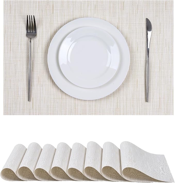 Leetaltree Pale Beige Placemats Set of 8 - Heat Resistant Non-Slip Place mats for Dining Table, Washable Durable PVC Vinyl Woven Table Mats（Pale Beige, 8） by Leetaltree-ArtatEveryTable
