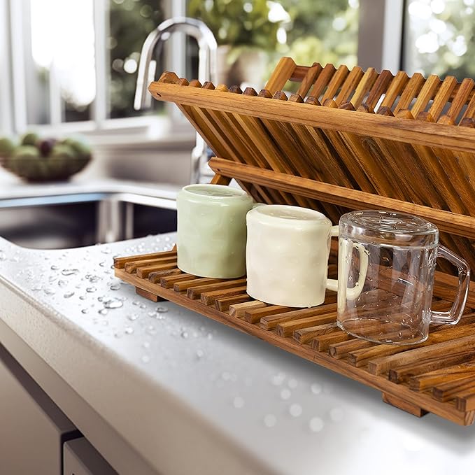 Utoplike Large Teak Dish Drying Rack, Wood Collapsible Organizer for Plates | 3 Tier Kitchen Dish Draine for Countertop, for Pasta Plates, Cups, Pots - Image 3