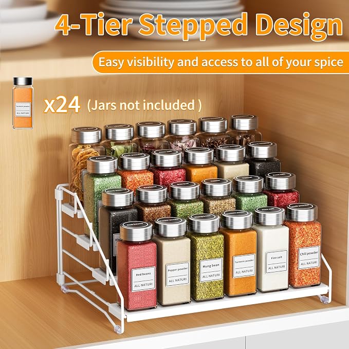 Spice Rack Organizer for Cabinet, Depth Adjustable 4 Tier Spice Rack,1 Pack | White, Metal Spice Organization for Cabinet, Easy Visibility, Tiered Spice Rack Perfect for Cabinet, Pantry and Countertop - Image 4