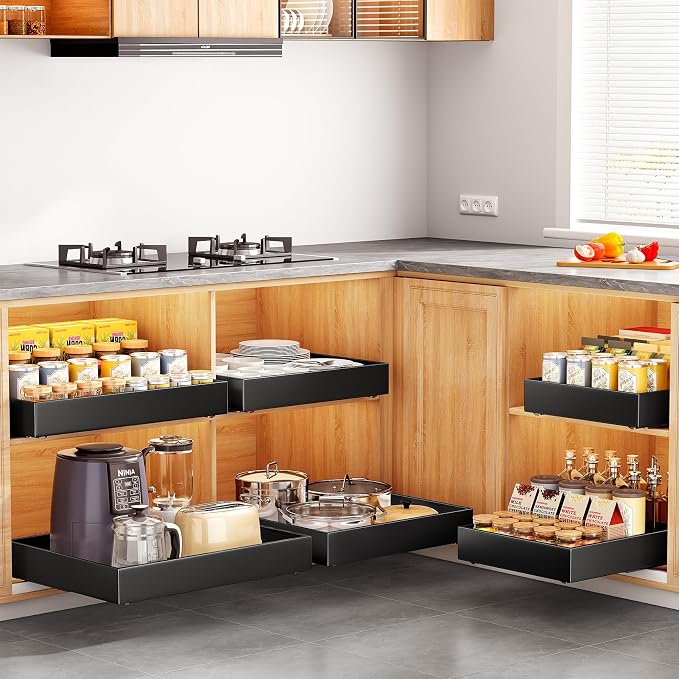 4 Pack Pull out Cabinet Organizer, 21"Deep, Heavy Duty Full-extension Slide out Drawers for Kitchen Cabinet, Roll out Shelf Storage with Nano Adhesive for Pots, Bathroom, Pantry, Home, Black - Image 8