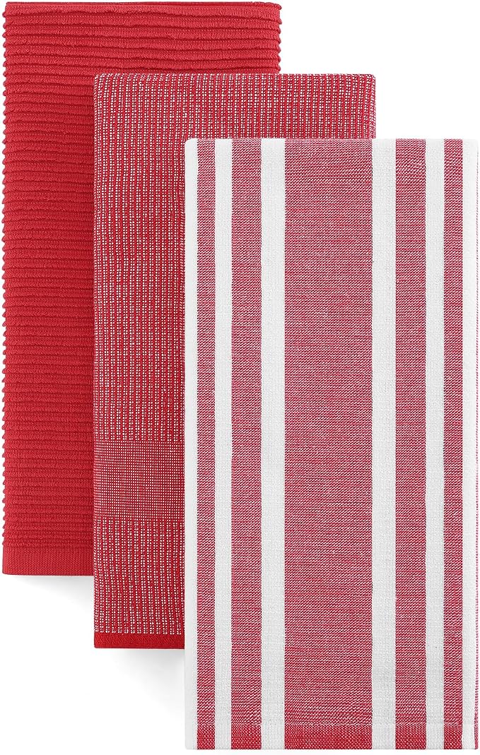 Homaxy Cotton 380 GSM Premium Kitchen Towels, 18"x 28", 3 Pack, Red | Soft and Absorbent Terry Dish Towels, Multipurpose Tea Towel Set with Hanging Loop, 3 Styles Kitchen Hand Towels by Homaxy