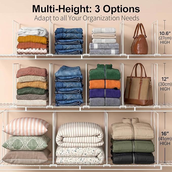 Wire Shelf Dividers for Closet: 12" Tall x 12" Deep (Taller) 6 Pack | Wire Shelves Organizer for Closet - Adjustable Purse Organizer for Clothes, Sweater, Towels Jeans - Metal Pantry Separators - Image 8