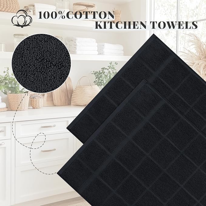 Homaxy 100% Cotton Kitchen Towels 18"x28", 6 Pack Dish Towels, Black | Large 380 GSM Soft and Absorbent Kitchen Hand Towels with Terry Grid Design, Utility Tea Towel Set with Hanging Loop - Image 3