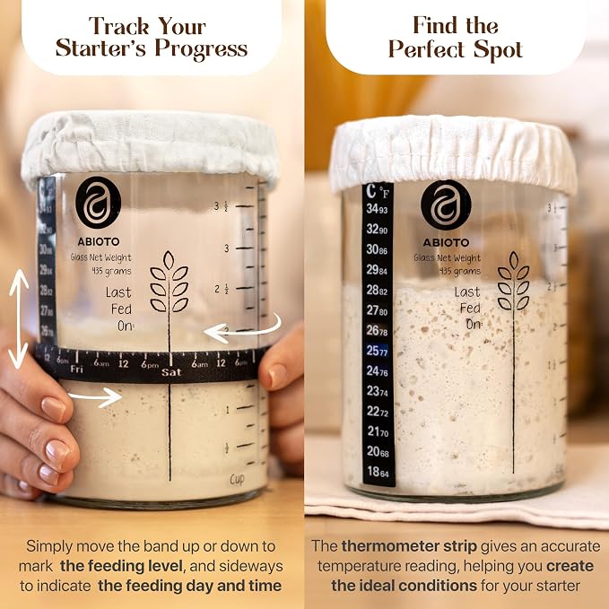 ABIOTO Sourdough Bread Baking Supplies and Starter Kit - Ultimate Bread Making and Sourdough Starter Kit with Proofing Baskets, 34oz Sourdough Jar, Bread Lame, Scrapers & Danish Whisk - Image 4