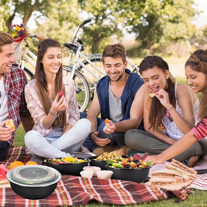 10 Pack 135 oz Large Plastic Serving Bowls with Lids Round Extra Large Disposable Salad Bowls Containers Chip Candy Dish for Salads and Snacks Party Picnic Buffet Eating(Black) - Image 6