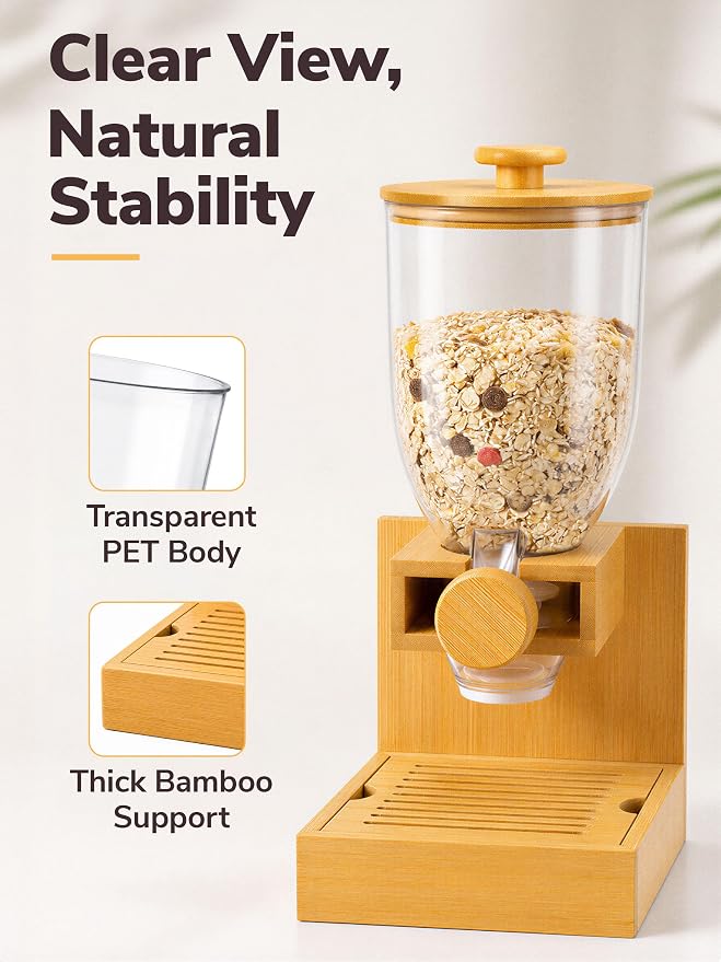 Bamboo Cereal Dispenser Countertop, 2L Airtight Single Pack | Cereal Containers Storage with Stable Base, Rotary Dry Food Dispenser for Cereal, Rice, Nuts, Kitchen Pantry Organization - Image 5