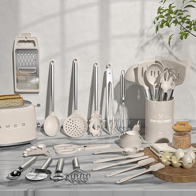 Kitchen Utensils Set-Umite Chef 34 Pcs Silicone Cooking Utensils Set for Nonstick Cookware-Silicone Spatulas Set, Stainless Steel Handle-Khaki Kitchen Gadgets Tools, Pots and Pans Accessories - Image 3