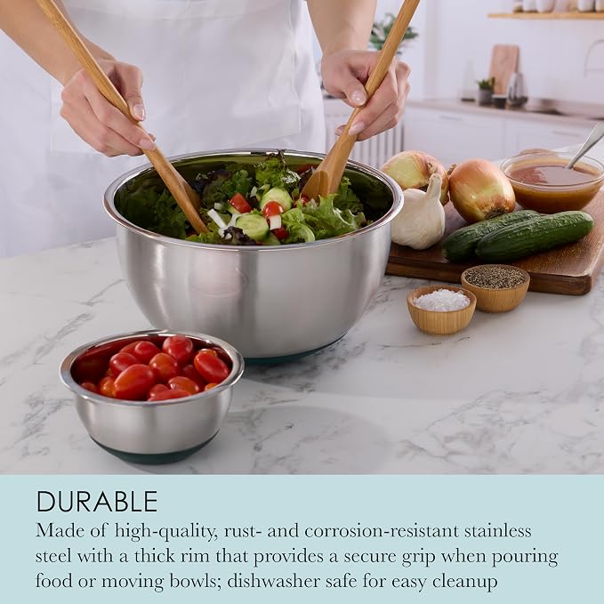 Chicago Metallic 13-Piece Stainless Steel Mixing Bowl Set with Airtight Lids and Grater Attachments, Etched Measurements, Nonslip Base, Dishwasher Safe, Nesting Bowls for Kitchen Baking Cooking - Image 5