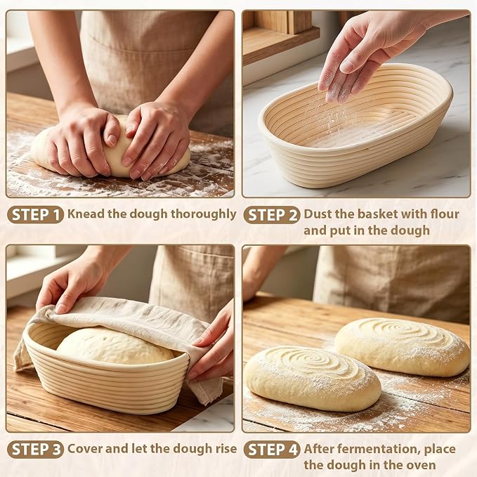4 Pack Banneton Bread Proofing Basket 10 Inch Oval Rattan Banneton Baskets with Linen Liner Cloth Sourdough Basket Dough Proofing Basket for Professional & Home Sourdough Bread Baking - Image 4