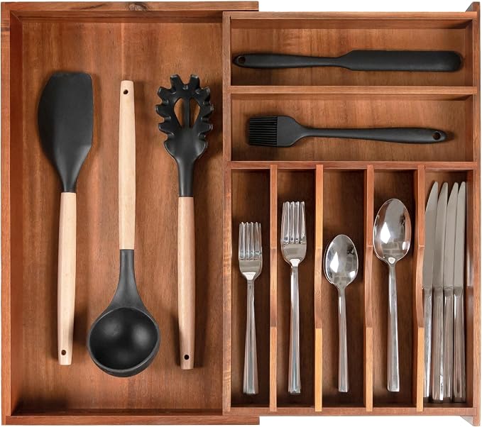Silverware & Utensil Drawer Organizer, 10.5-19 in, Acacia | Cutlery, flatware, food-safe contract grade, kitchen drawer fit by KitchenEdge