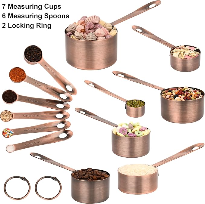 Measuring Cups and Spoons Set, Copper Measuring Cups and Spoons Set for Baking & Kitchen, Stainless Steel Measure Cup and Spoon for Dry &Liquid, Metal 7 Measure Cups&6 Spoons - Image 4