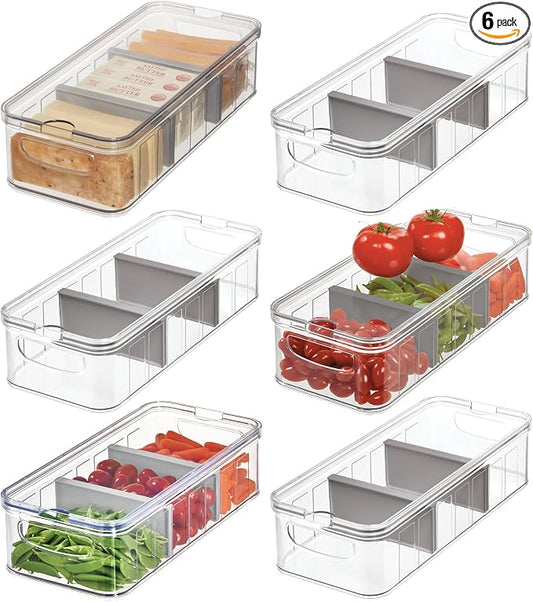 iDesign Large Fridge Organizer Bin with Removable Divider and Lid - Set of 6 - Clear/Gray by iDesign