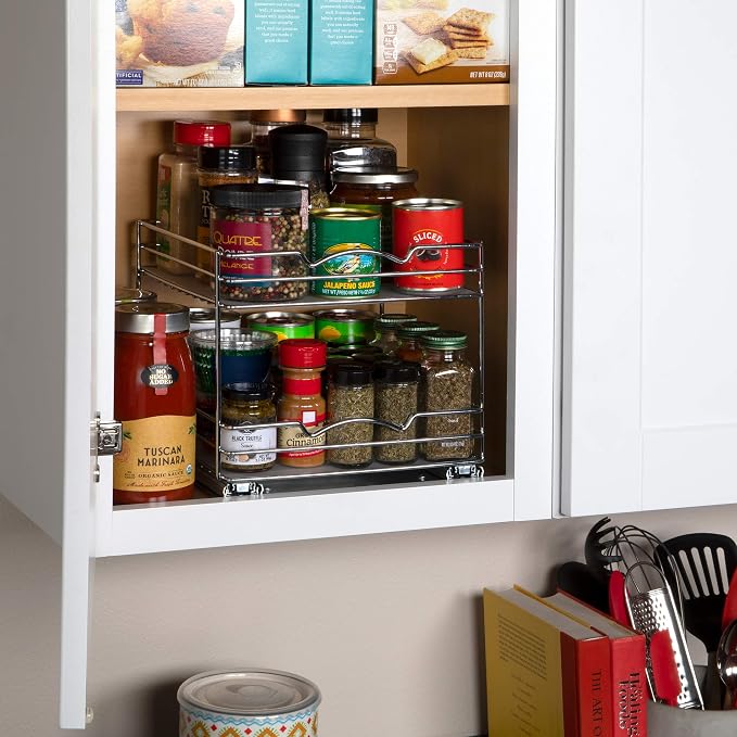 Pull-Out Cabinet Spice Rack Organizer 2-Tier, 10 ½"W x 10 ⅜"D x 8 ⅞"H | Slim Slide-Out Storage for Spices, Bottles & Jars, Premium Heavy-Duty Steel, Easy Install for Narrow Kitchen Cabinets, Chrome - Image 6