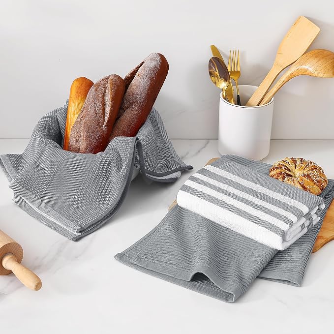 Homaxy Cotton 380 GSM Premium Kitchen Towels, 18"x 28", 12 Pack, Grey | Soft and Absorbent Terry Dish Towels, Multipurpose Tea Towel Set with Hanging Loop, 3 Styles Kitchen Hand Towels - Image 6