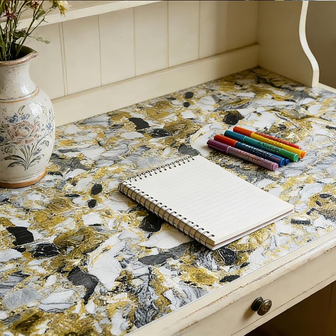 Drawer and Shelf Liner - Yellow Black Marble Pattern,Non Adhesive | Non Slip Waterproof Easy-Clean Liner for Kitchen Cabinet, Refrigerator, Bathroom, Pantry Storage Drawers, 17 in x 20 Ft - Image 3