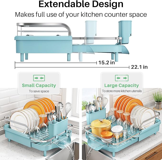 SNTD Expandable Dish Drying Rack for Kitchen Counter, 15.2-22.1 in, Blue | Rust-Resistant Stainless Steel, Protective Side Rails, Self-Draining Drainboard, Removable Utensil Holder - Image 3