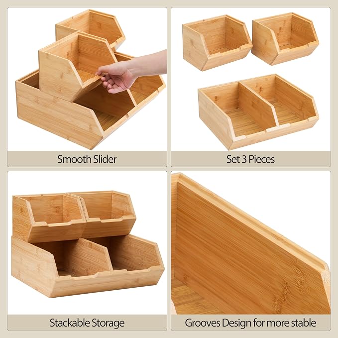 3 Pack Stackable Bamboo Pantry Storage Bins,Potato Onion Storage Bins | Pantry Organizers and Storage ﻿,Fruit Vegetable Basket, ,Large Capacity, Multiuse - Image 4