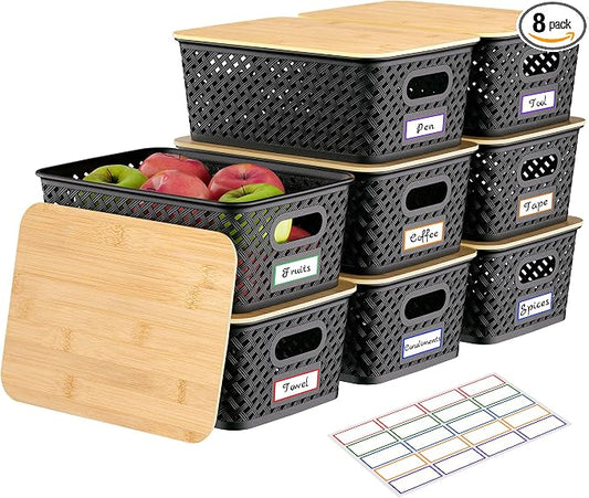 Anysig 8 Pack Plastic Storage Bins with Bamboo Lids, 5.2 QT Stackable Bins | Decorative Small Storage Basket Containers for Organizing Shelves Office Classroom Desktop Closet, Black by AnysigOfficial