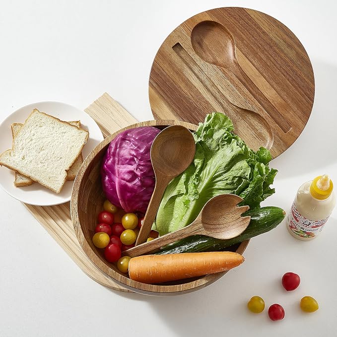 JOYMAY Salad Bowls Wood Salad Bowl Set with Lid Acacia Wood Serving Bowl for Fruits or Salads 10.5" Large Serving Bowl with Serving Utensils, 4 Piece Wooden Mixing Bowl Set for Kitchen, Picnic - Image 6