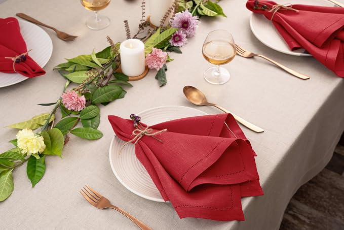 Signature Linen™ by D'Moksha Racing Red Dinner Napkins Set of 8, 20 x 20 Inch Cloth Napkins, 100% Pure Linen, Hemstitch, Machine Washable Table Napkins- Summer, Weddings, Outdoor hostings - Image 3
