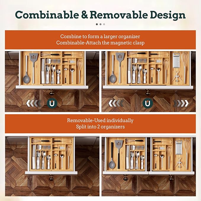 Silverware Organizer Large, Magnetic Connected Expandable 13 Slots Silverware Drawer Organizer From 21 to 37.4 Inches, Adjustable Flatware and Cutlery Holder, Bamboo Utensil Tray for Kitchen Natural - Image 5