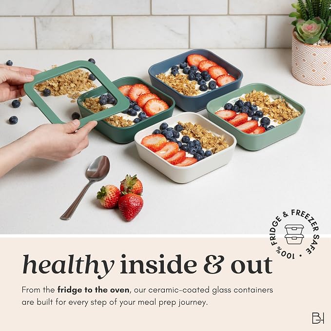 20-Piece Glass Food Storage Containers Set with Lids (10 Containers + 10 Lids) | Microwave-Safe Airtight Seal, Oven-Safe Ceramic-Coated Glass | Zero Plastic, No PFAS/PFOA/BPA [Dusk] - Image 4