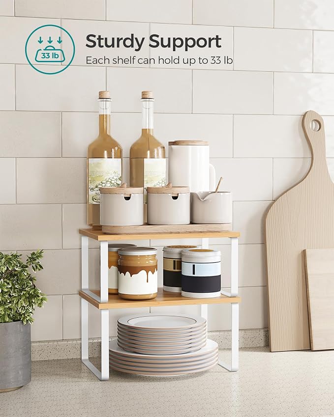 SONGMICS Cabinet Organizer Shelf, Set of 2 Kitchen Counter Shelves, Kitchen Storage, Spice Rack, Stackable, Expandable, Metal and Engineered Wood, Cloud White and Natural Beige UKCS02NW (Pack of 2) - Image 5