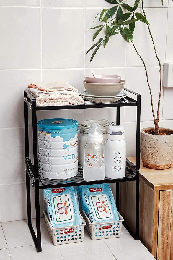 Shantton 2pk Kitchen Cabinet Shelf Counter Organizer Rack Pantry Storage Bathroom Bedroom Office Table Desk Space Saving Steel Frame Stackable Rust Resistant Non Slip Black-Tall-L13in W8.3in H9.5in | 2-Pack Stackable Metal Riser Holds 40LBS with Non-Sl... - Image 7