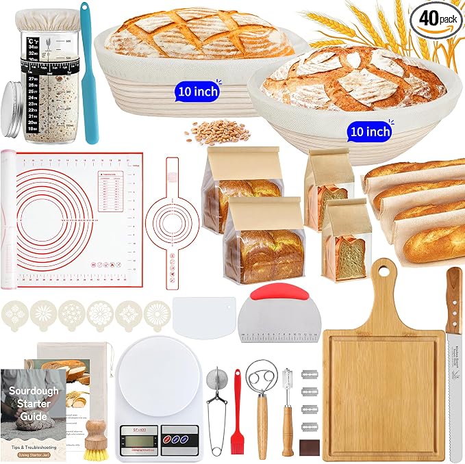 PeacePeo Sourdough Starter Kit for Beginners 40 Pcs Complete Banneton Set | Breathable Rattan 10" Round and Oval Proofing Baskets, 24 OZ Sourdough Jar, Bread Knife and Board for Homemade Bread Baking by PeacePeo