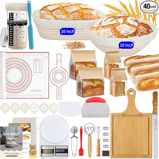 PeacePeo Sourdough Starter Kit for Beginners 40 Pcs Complete Banneton Set | Breathable Rattan 10" Round and Oval Proofing Baskets, 24 OZ Sourdough Jar, Bread Knife and Board for Homemade Bread Baking by PeacePeo