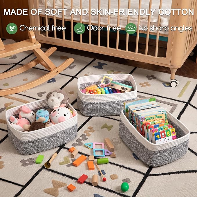 OIASKET Storage Baskets for Organizing 3 Pack, Woven Baskets for Shelves, | Closet Organizer Bins with Handle, Empty Gift Basket, Toy Storage for Toys, Blankets, Towels, Clothes, Books, 15"x11.42"x6.7" - Image 3