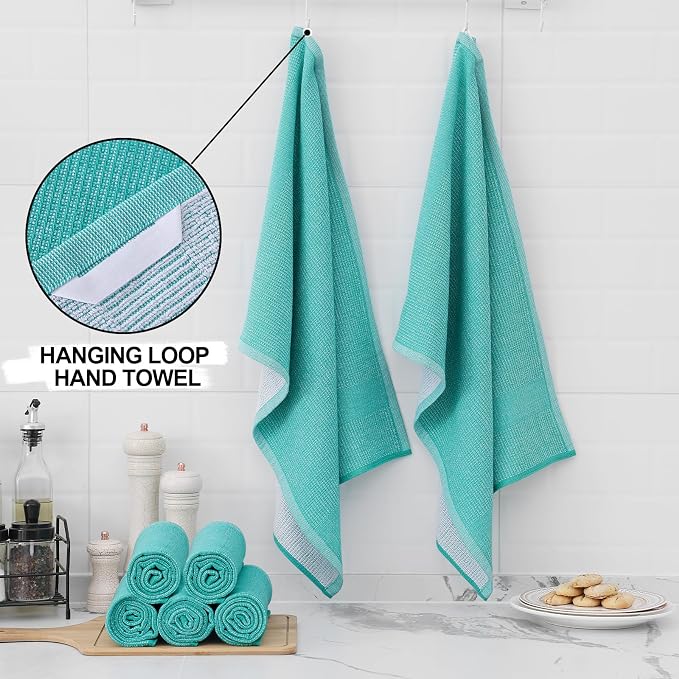 Homaxy 380 GSM Cotton Premium Kitchen Towels 8 Pack, 18"x 28", Teal | Flat and Terry Dish Towels, Highly Absorbent Tea Towel Set with Hanging Loop, Soft Utility Kitchen Hand Towels - Image 3
