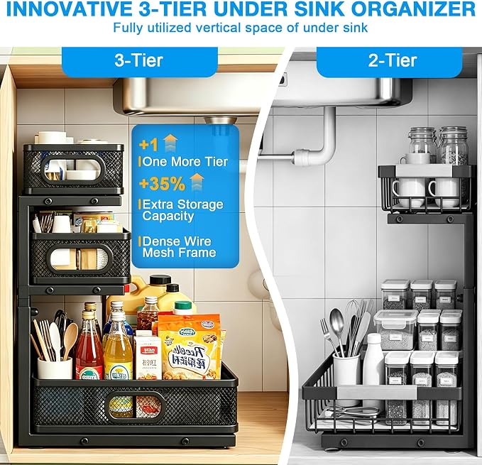 Under Sink Organizer,3-Tier Thickened Metal Pull out Cabinet OrganizerShelf | Height Adjustable Slide out Storage Drawer Rack for under sink organizer bathroom Kitchen,Laundry Room & Pantry - Image 2