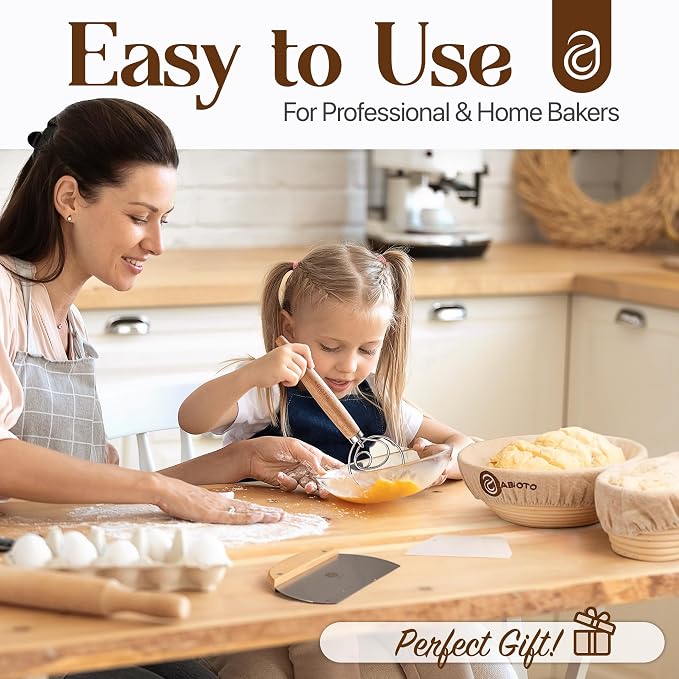 ABIOTO Sourdough Bread Baking Kit - 14-Piece Set with 10" Round & 11" Oval Rattan Banneton Proofing Baskets, Liners, Bread Lame, Danish Whisk & Scrapers for Home Bakers - Image 6