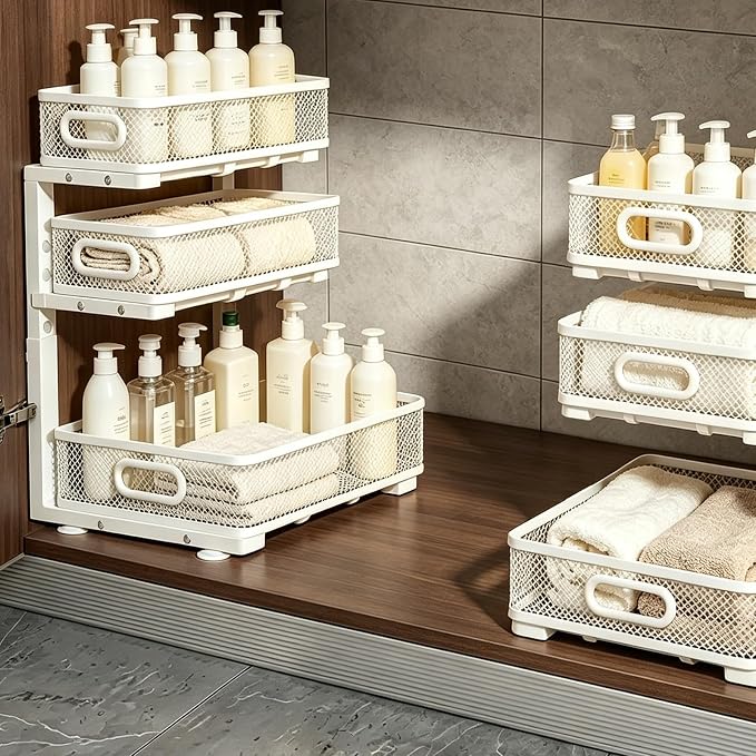 2 Pack 3 Tier Under Sink Organizer with Pull Out Drawer, Height Adjustable Heavy Duty Metal Under Cabinet Organizer, Smooth Sliding Storage Shelf for Kitchen, Bathroom Cabinet Organization, White - Image 5