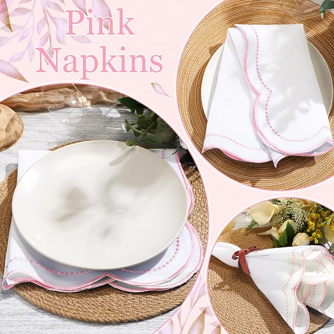 Hahafelt Cloth Napkins 18x18inches Scalloped Embroidery Cloth Napkins Washable Polyester Table Dinner for Hotel Restaurant Weddings Events Parties (Light Pink,12 Set) - Image 3